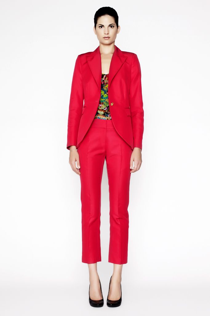 red tailored pantsuit with floral bustier
