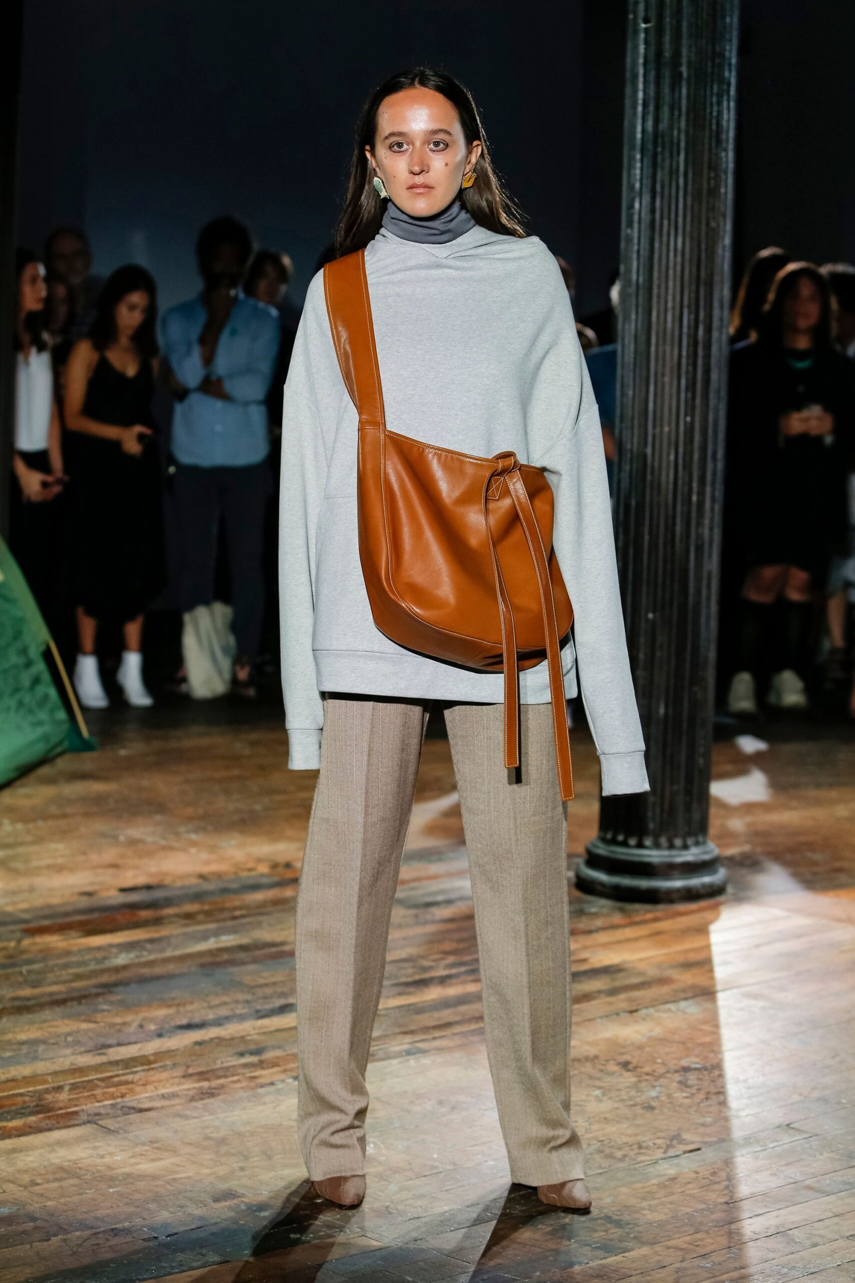 oversized funnel-neck gray sweatshirt