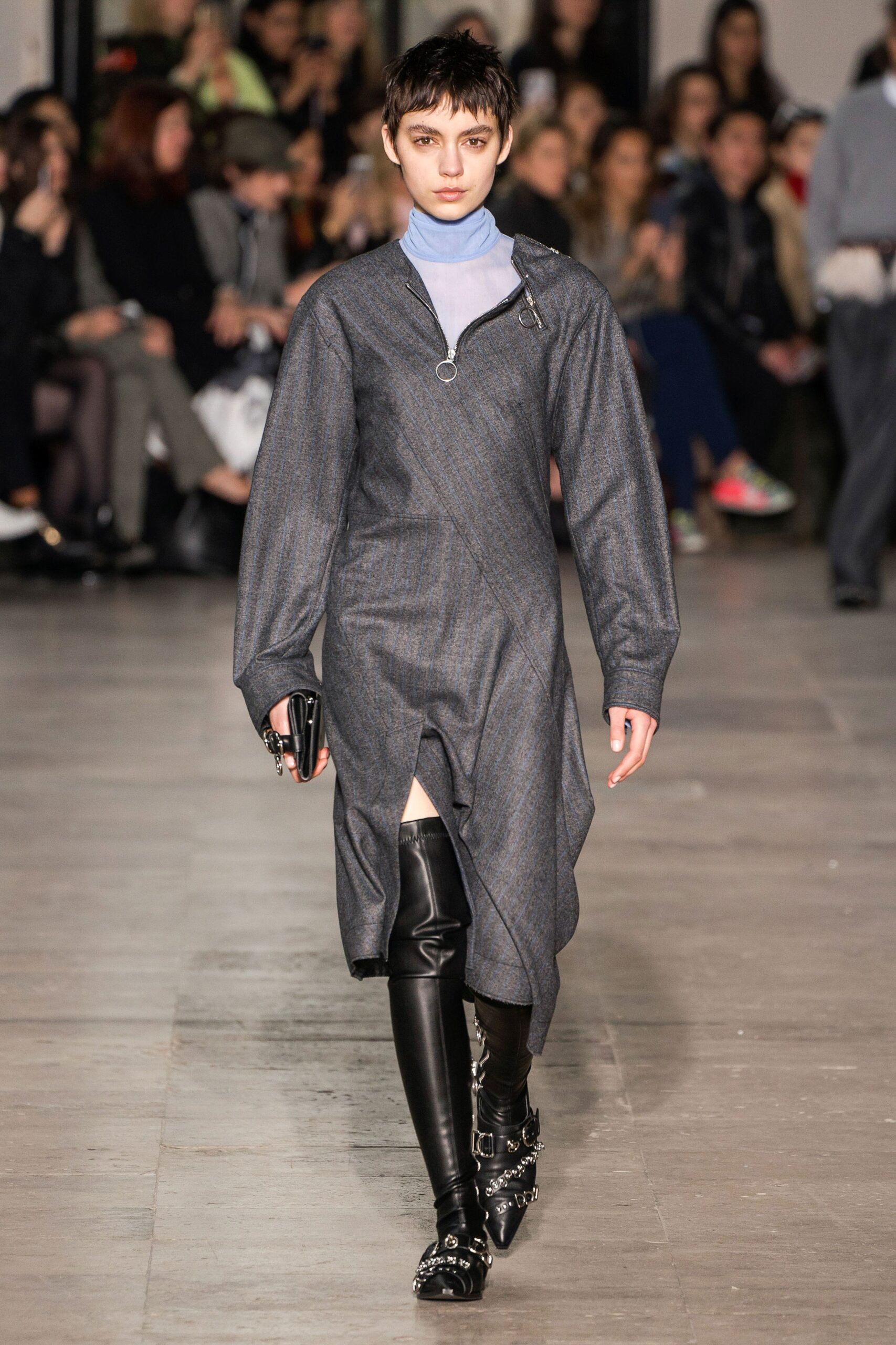 gray wool long-sleeve high-neck relaxed pinstriped draped dress