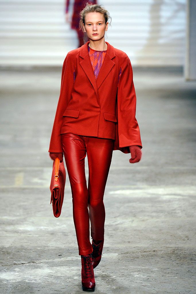 red tailored blazer with leather leggings
