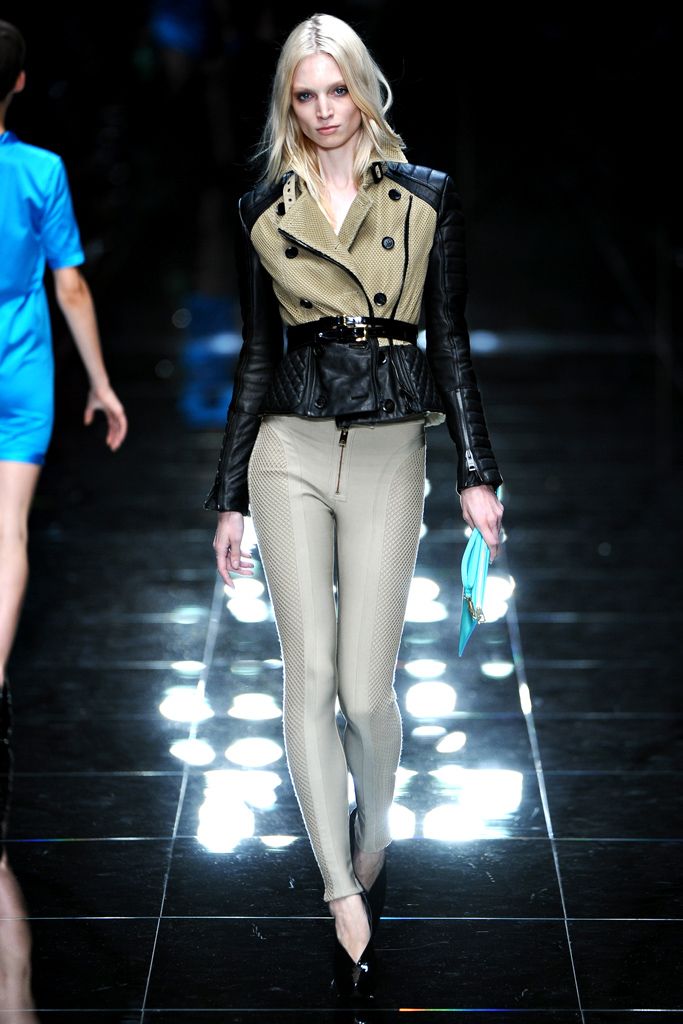 beige leather long-sleeve collared structured belted buttoned jacket