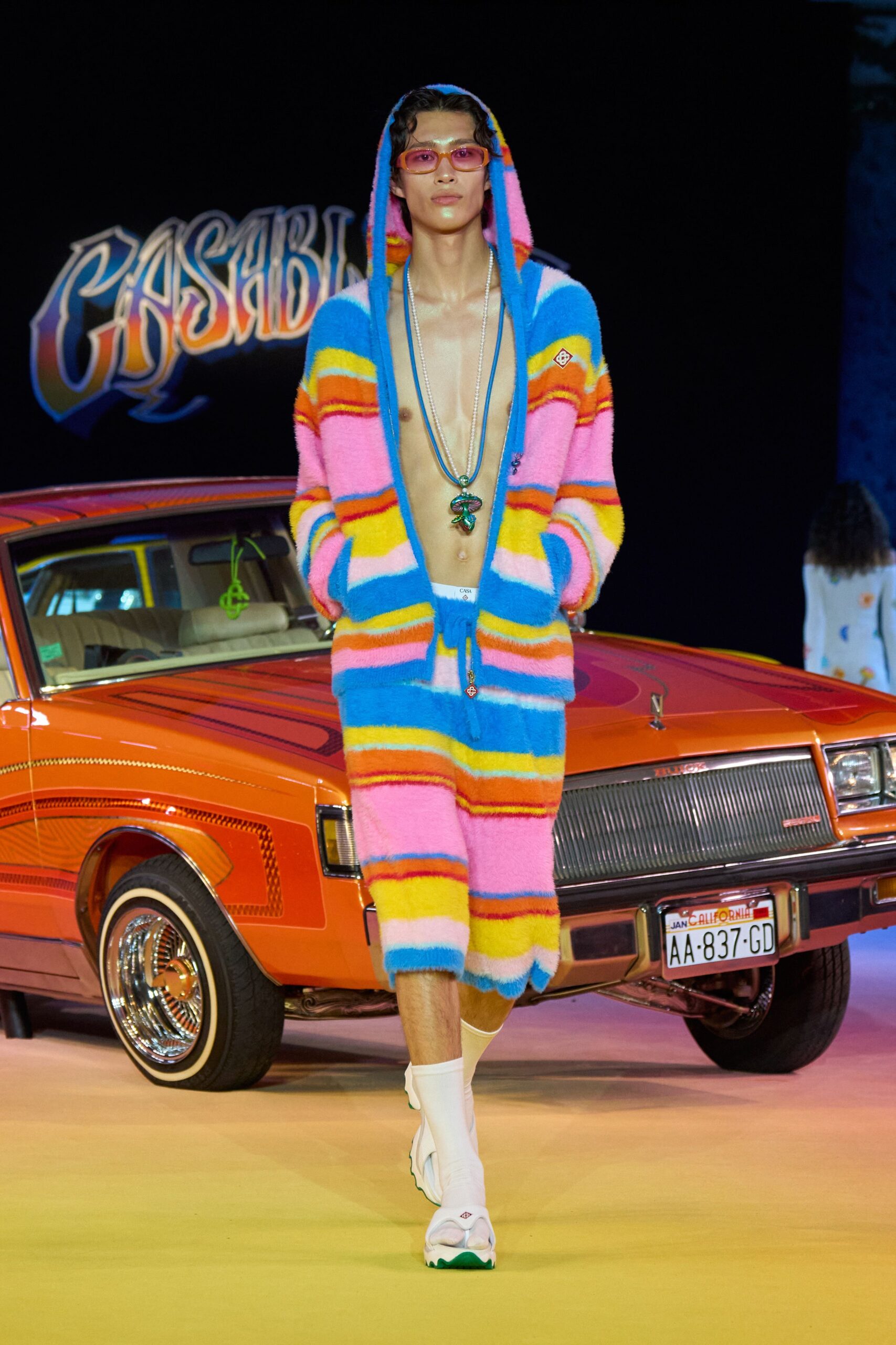 striped faux-fur hoodie and shorts