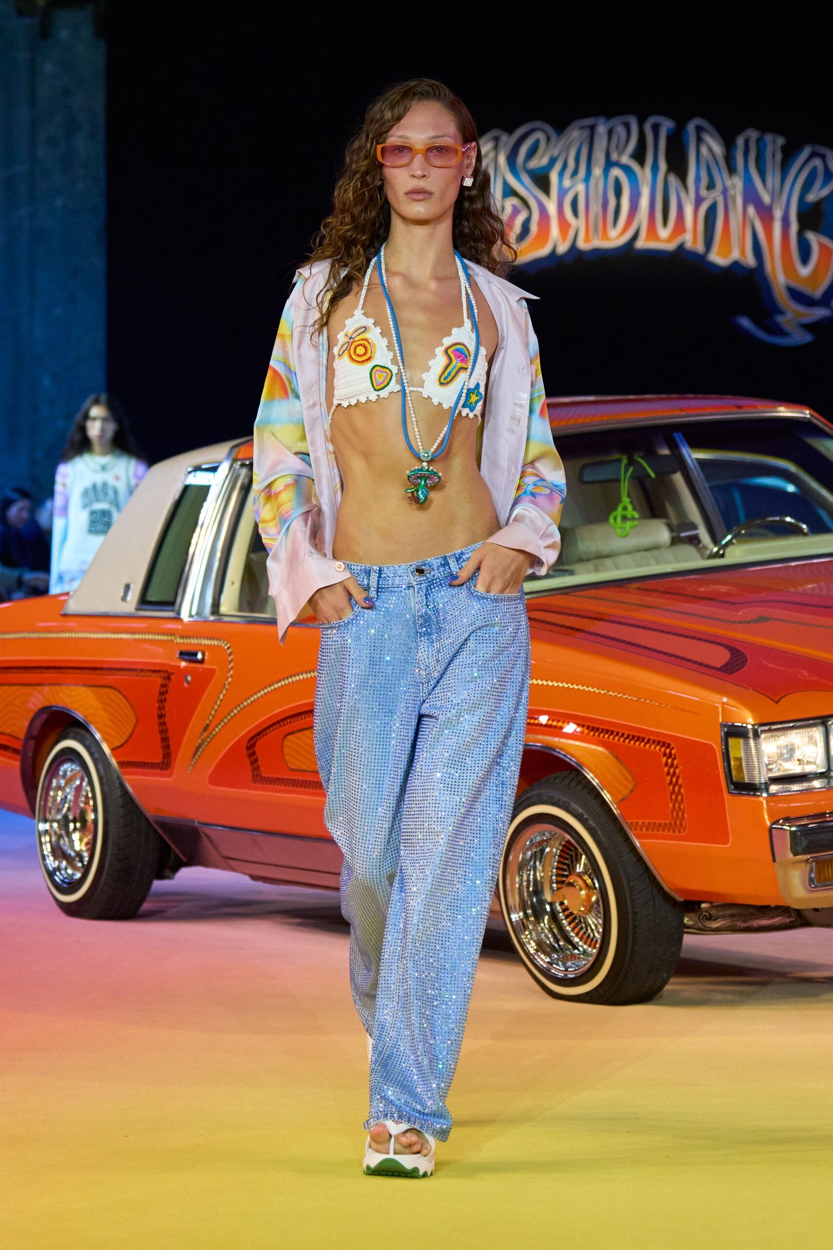 blue denim relaxed flared shiny pants