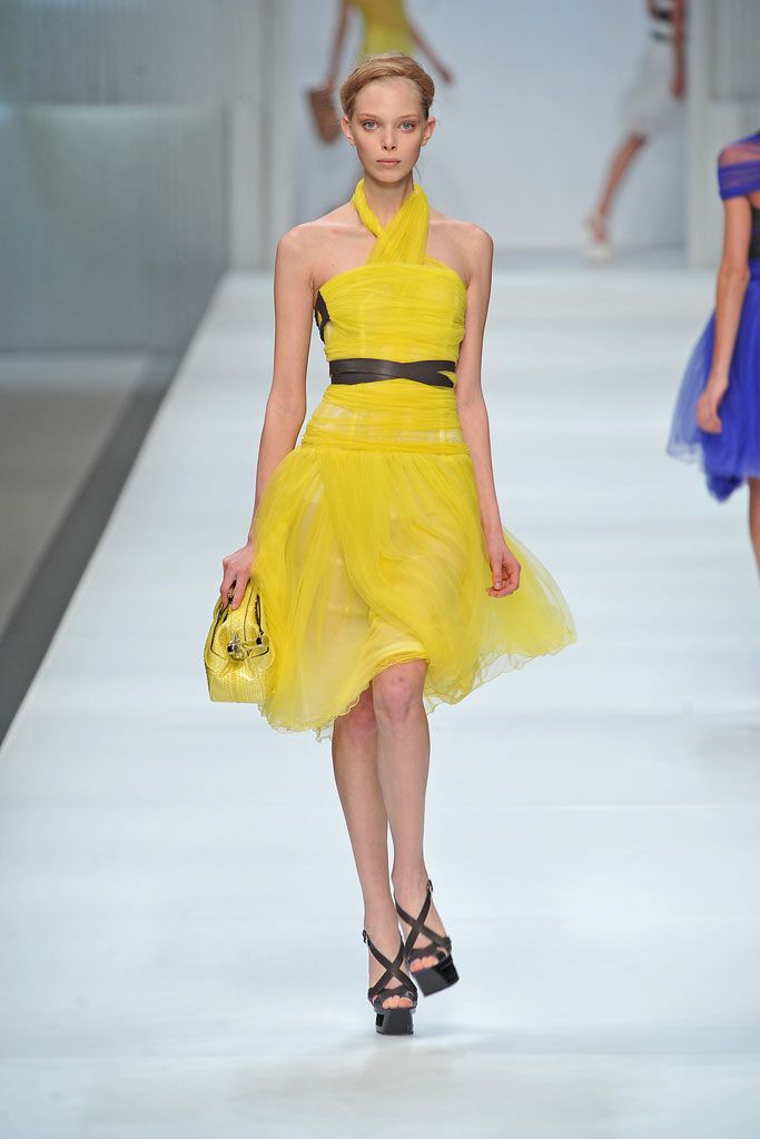 yellow tulle halter strapless draped belted dress