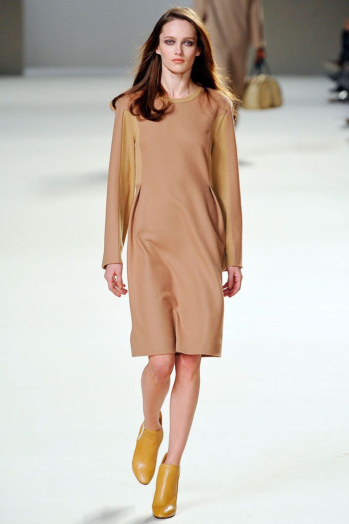 beige knit long-sleeve high-neck relaxed color-blocked midi midi-dress
