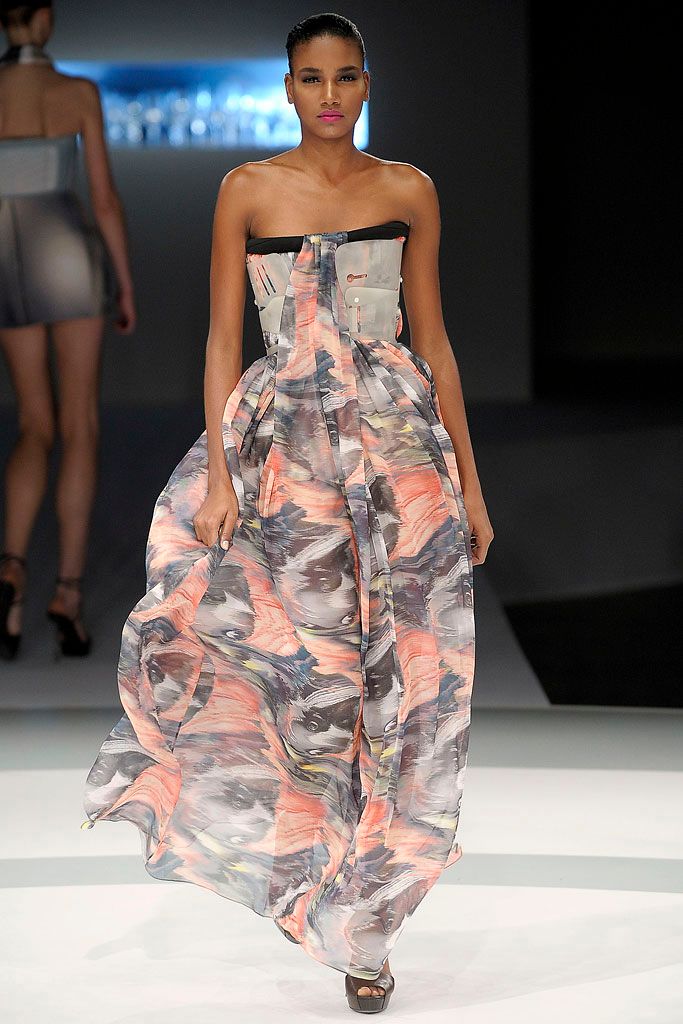 multi organza strapless printed draped sheer flowing gown