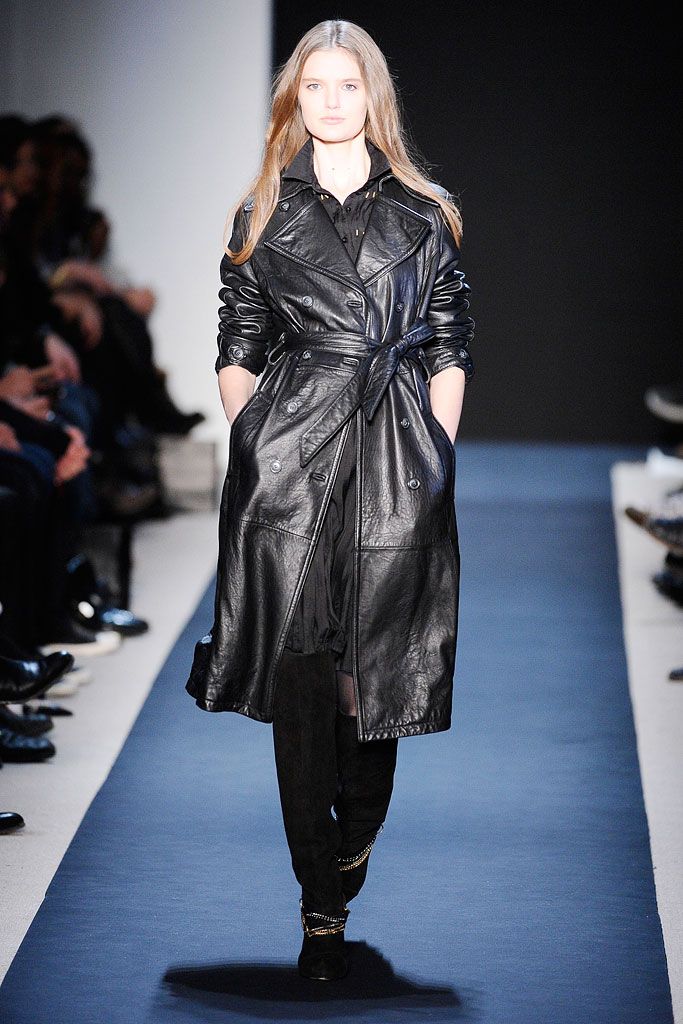 black leather long-sleeve collared belted buttoned shiny trench