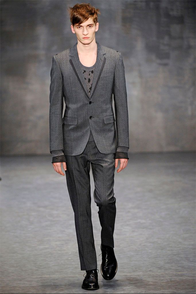 gray wool pinstriped straight-leg pants