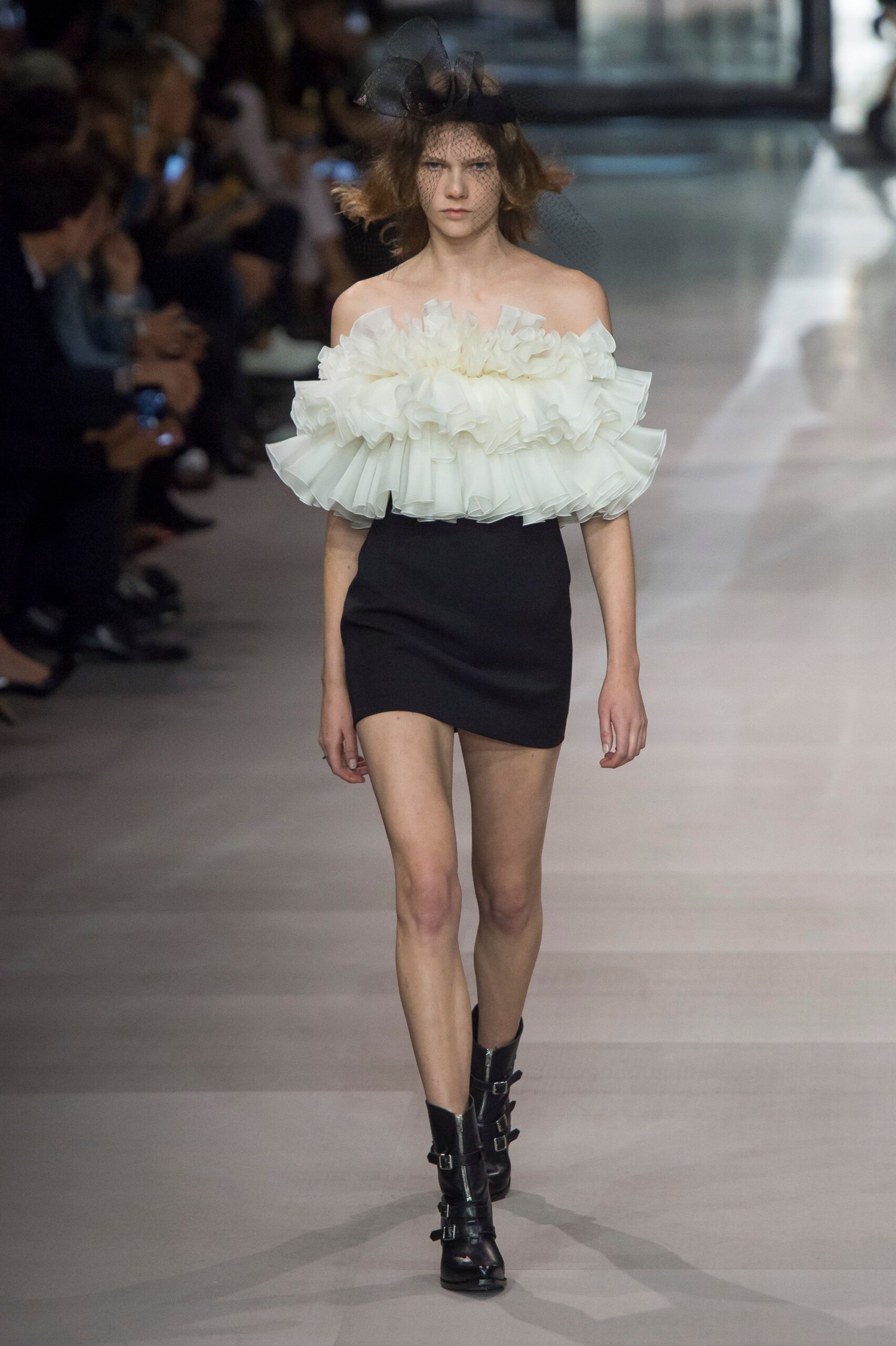 black organza off-shoulder strapless fitted ruffled textured mini-dress