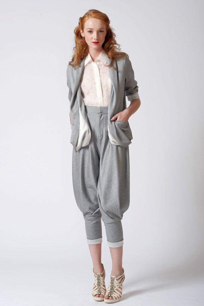 gray drop-crotch cropped pants