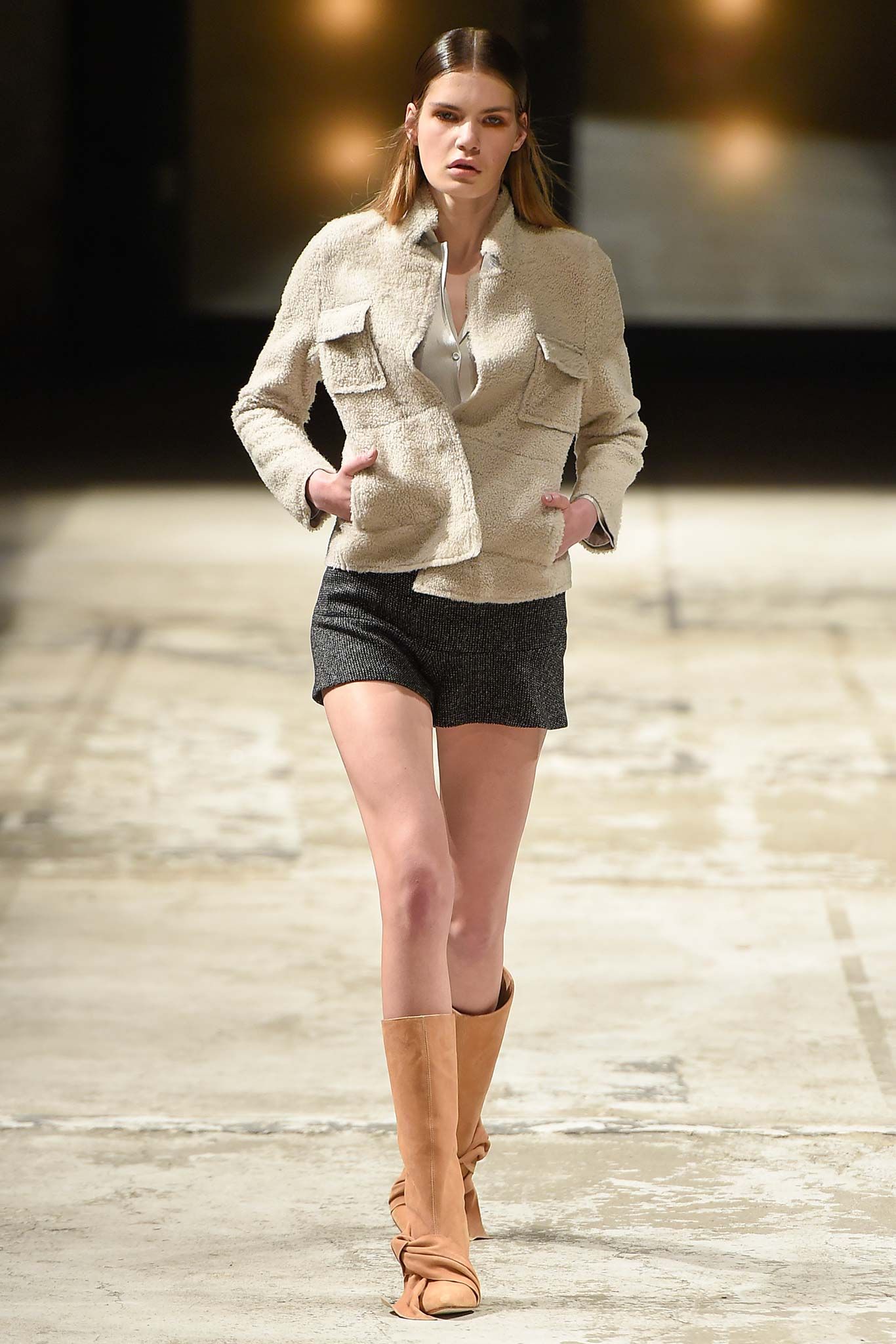 ivory faux-fur long-sleeve collared structured pockets textured jacket