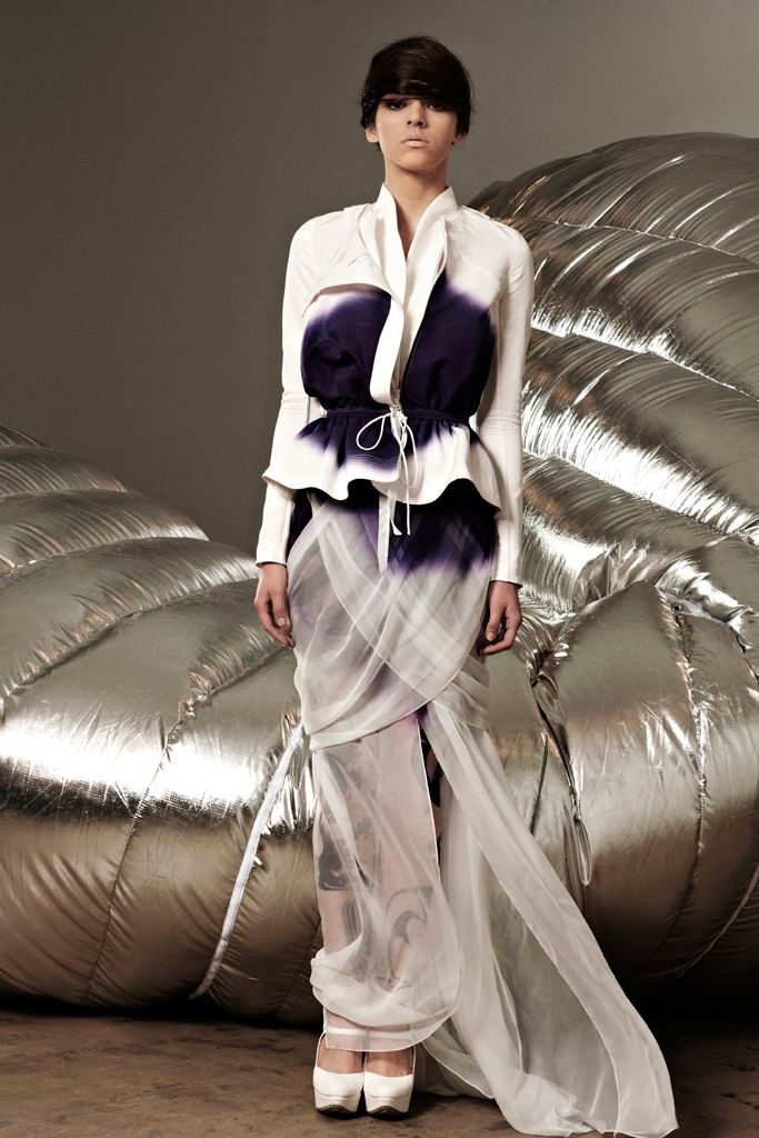 white chiffon long-sleeve collared printed draped dress