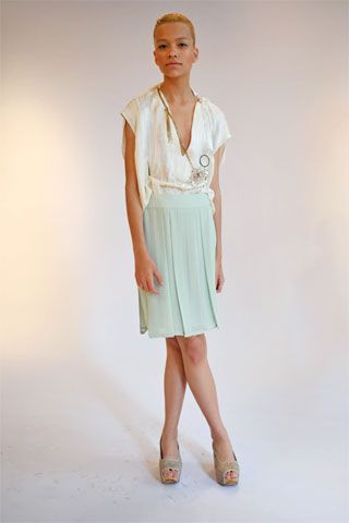ivory satin short-sleeve low-cut pleated belted dress