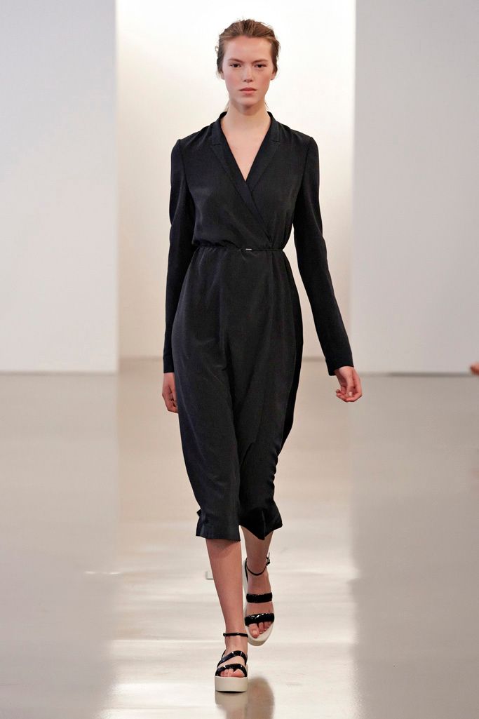 black satin long-sleeve v-neck belted shiny midi jumpsuit