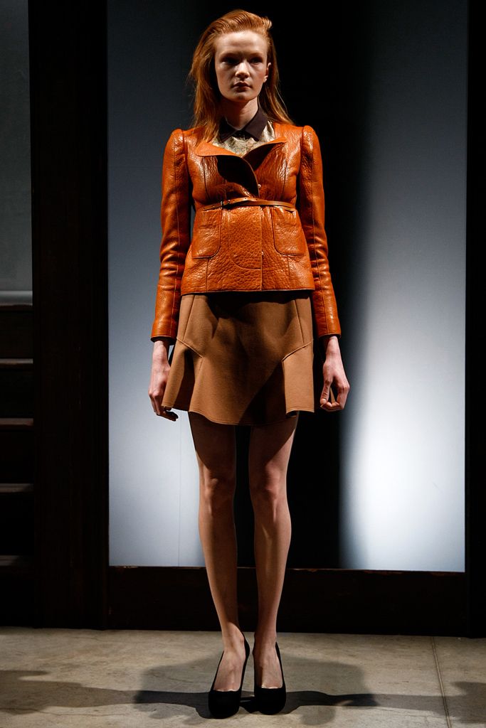 orange leather long-sleeve collared structured belted pockets jacket