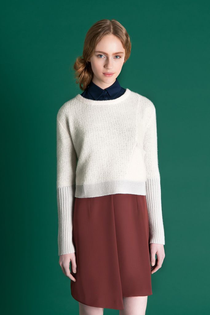 ivory knit long-sleeve relaxed ribbed textured cropped sweater