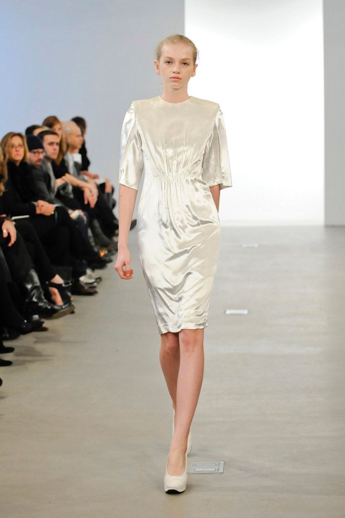 ivory satin high-neck short-sleeve ruched draped shiny midi-dress