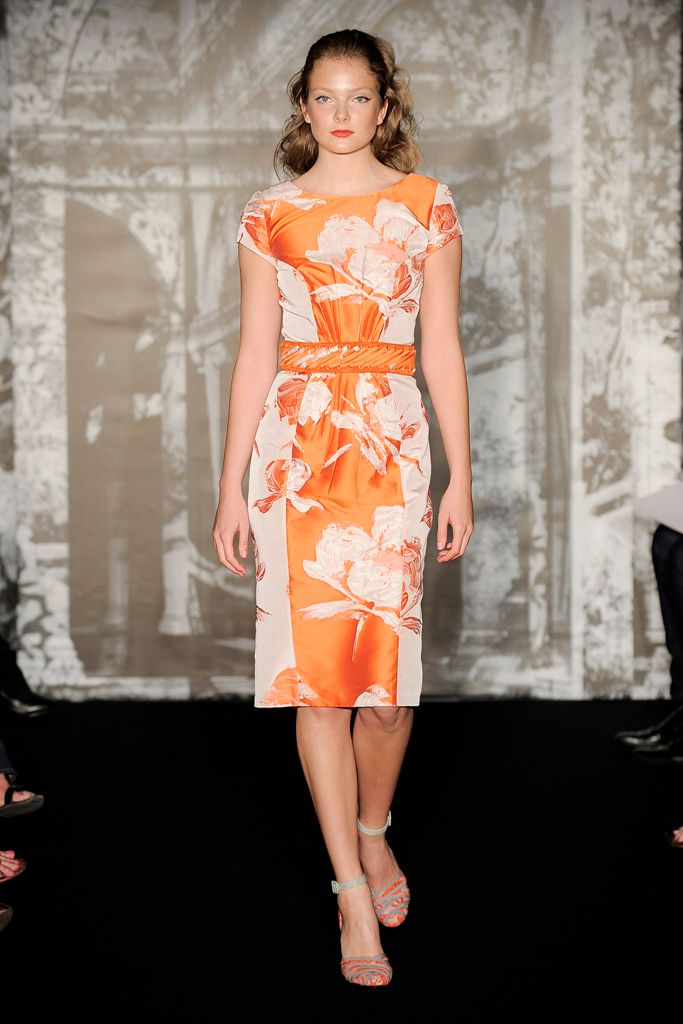 orange satin short-sleeve boat-neck fitted floral belted midi-dress