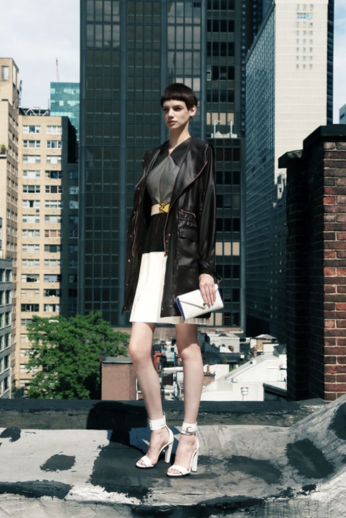 black leather draped lapel coat