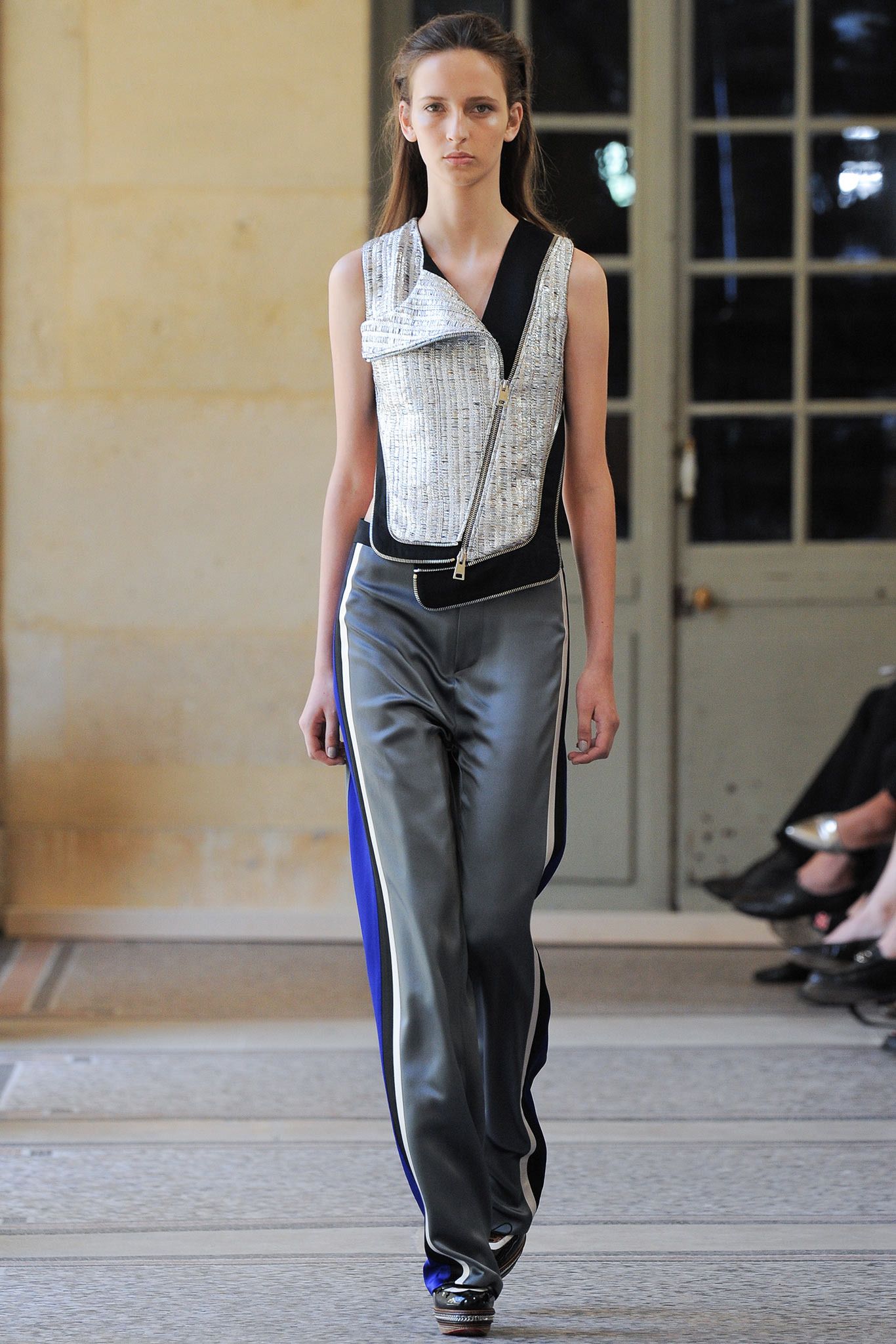 gray satin relaxed striped wide-leg shiny flowing pants