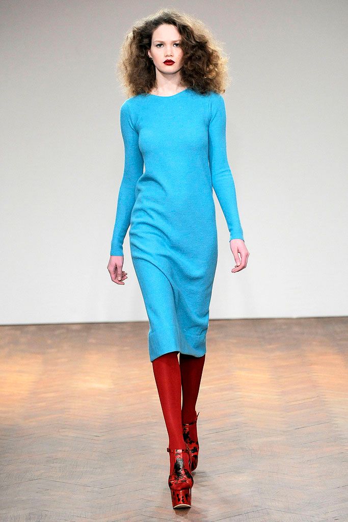 blue knit long-sleeve boat-neck fitted midi midi-dress