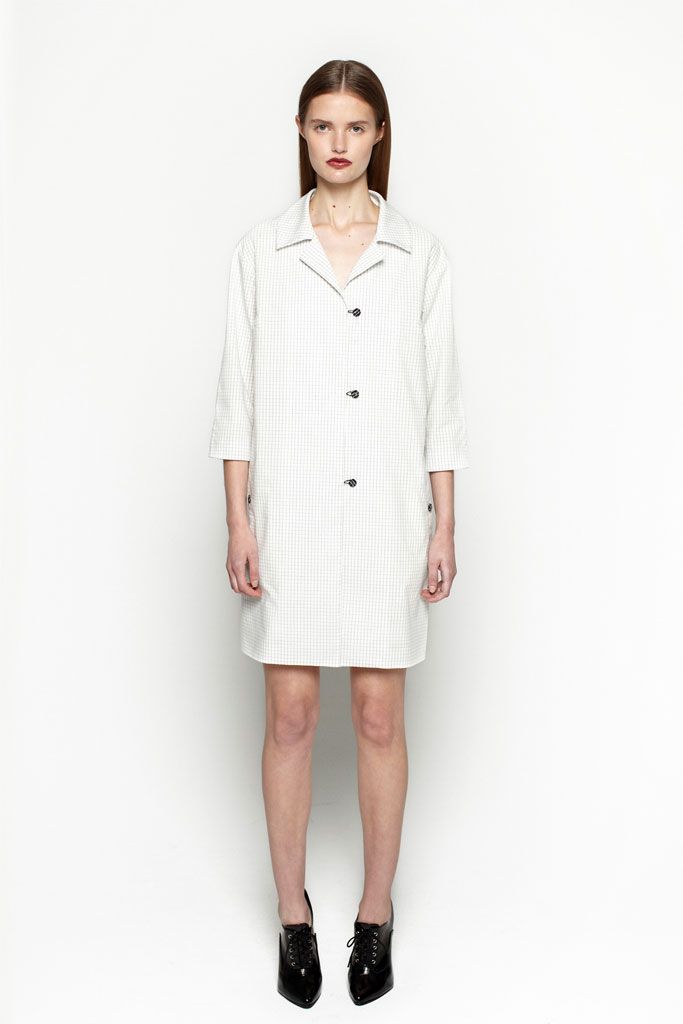 white unknown collared v-neck checked buttoned mini mini-dress