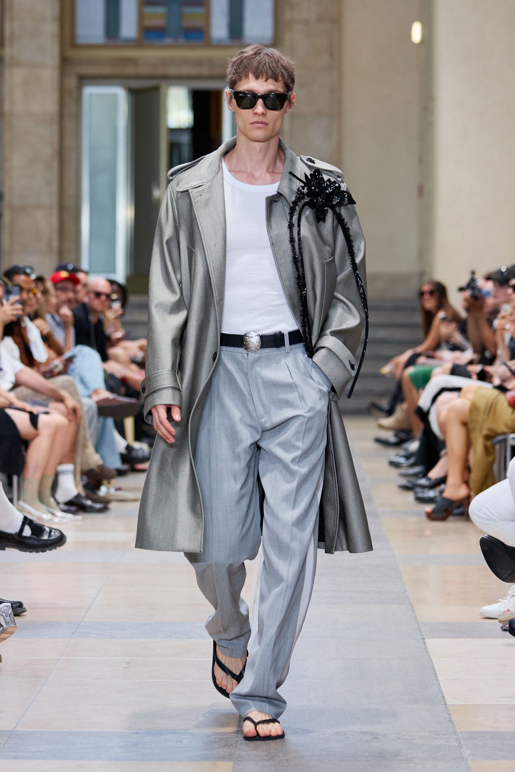 gray silk long-sleeve collared relaxed buttoned coat