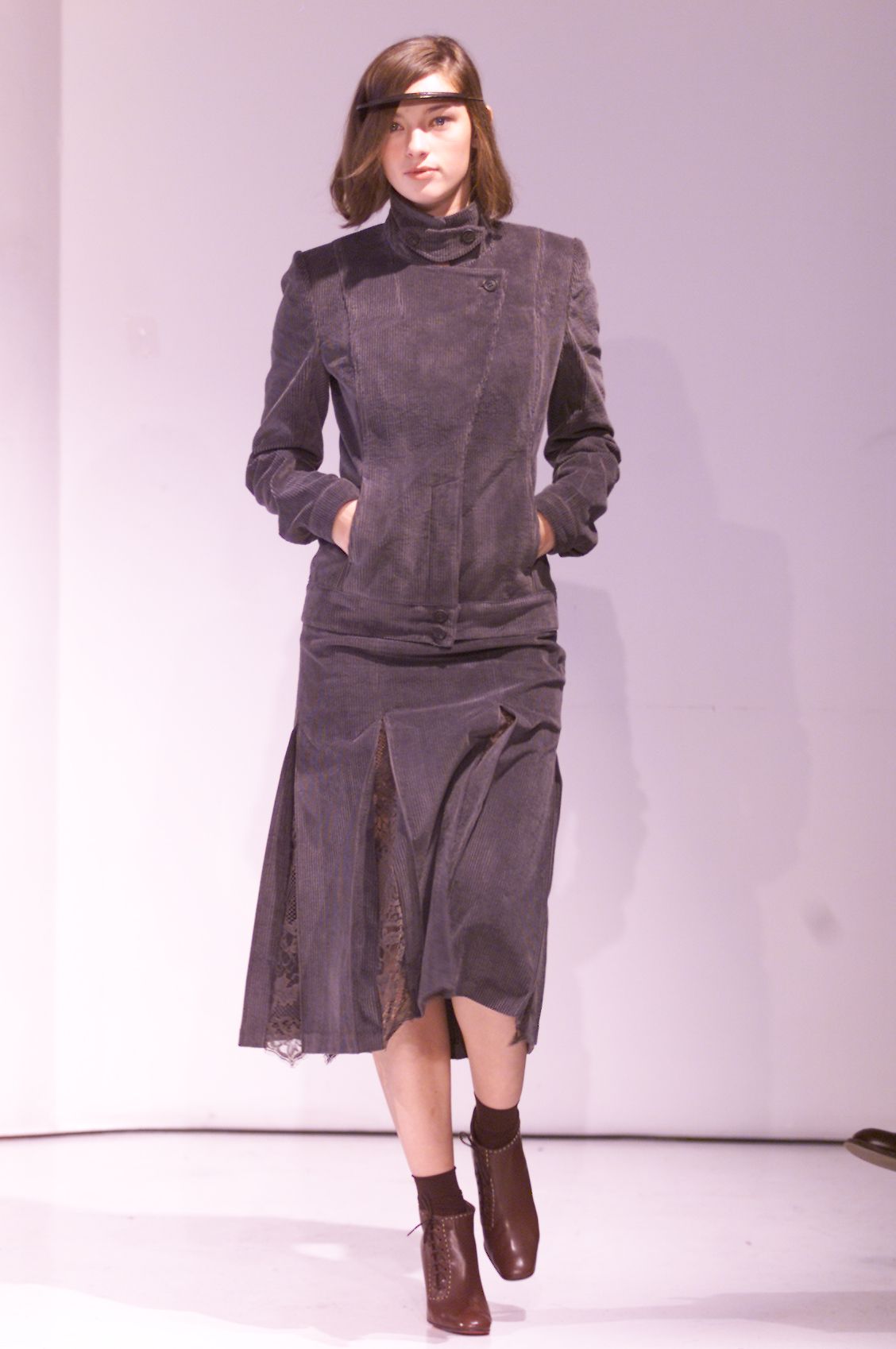 asymmetric corduroy jacket and midi skirt