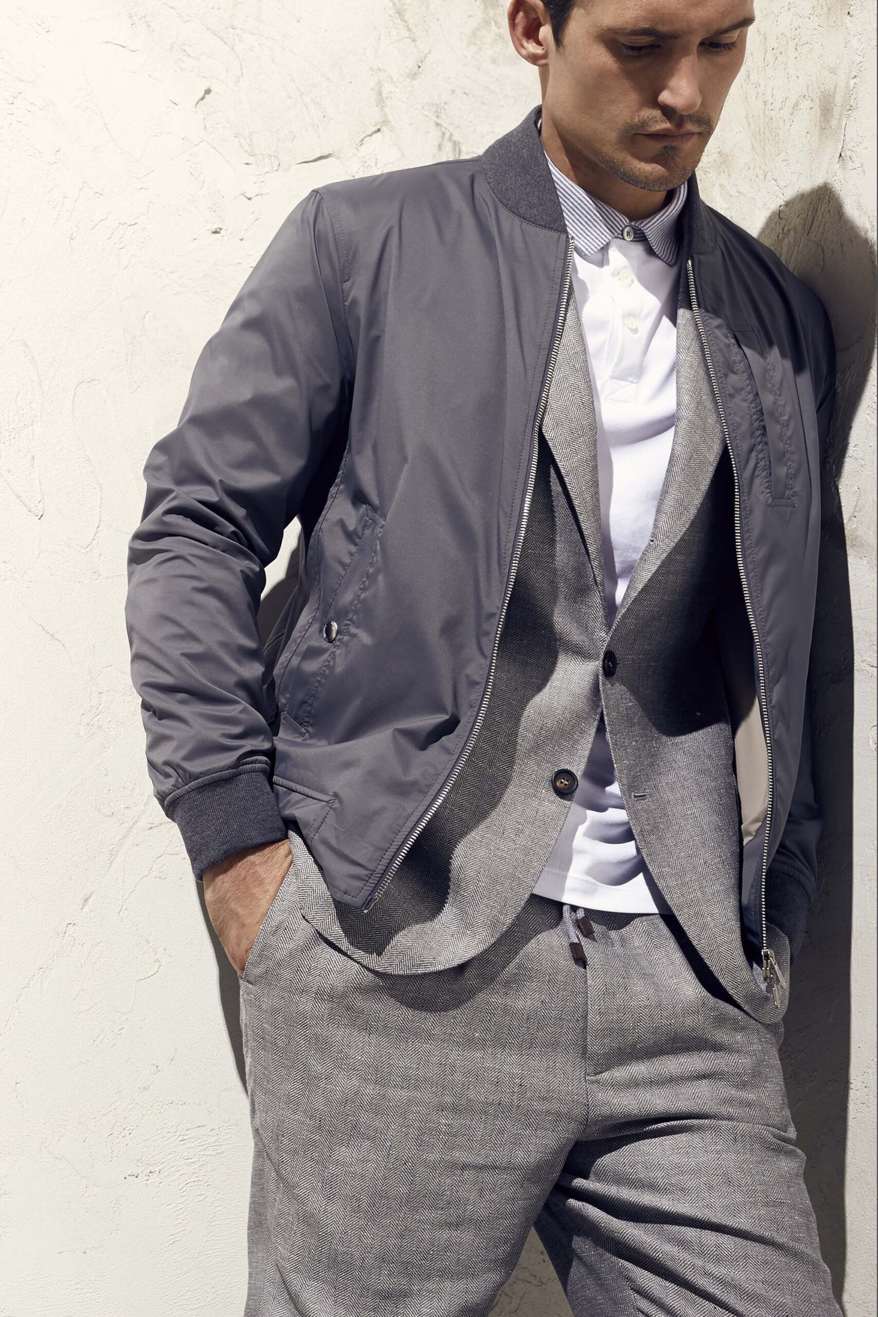 gray nylon long-sleeve open-front zippered pockets jacket