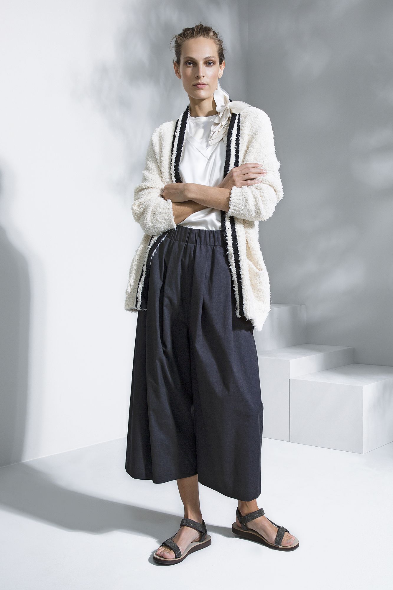 white satin high-neck sleeveless draped ruffled shiny blouse