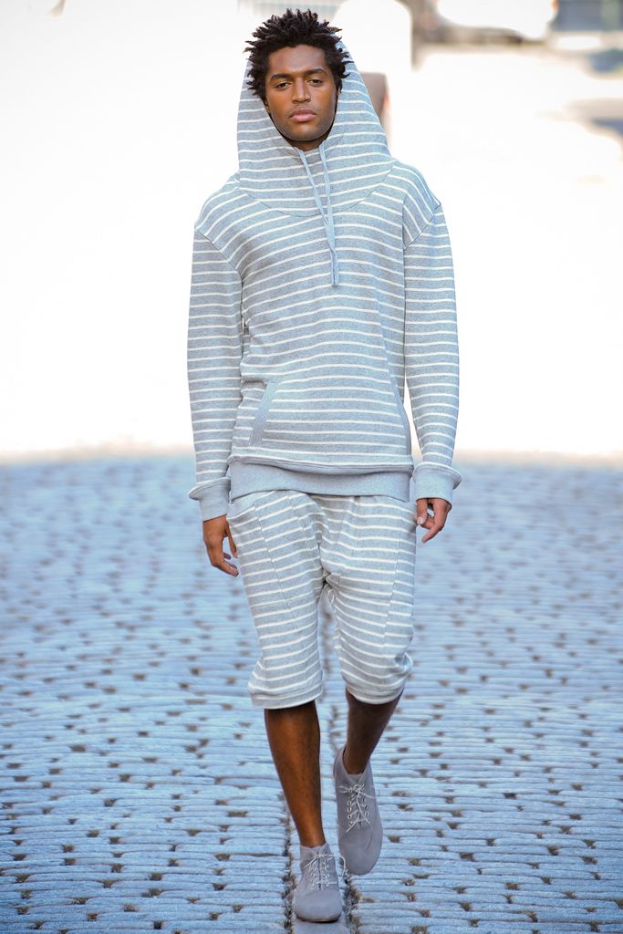 blue knit long-sleeve hooded relaxed striped ribbed hoodie