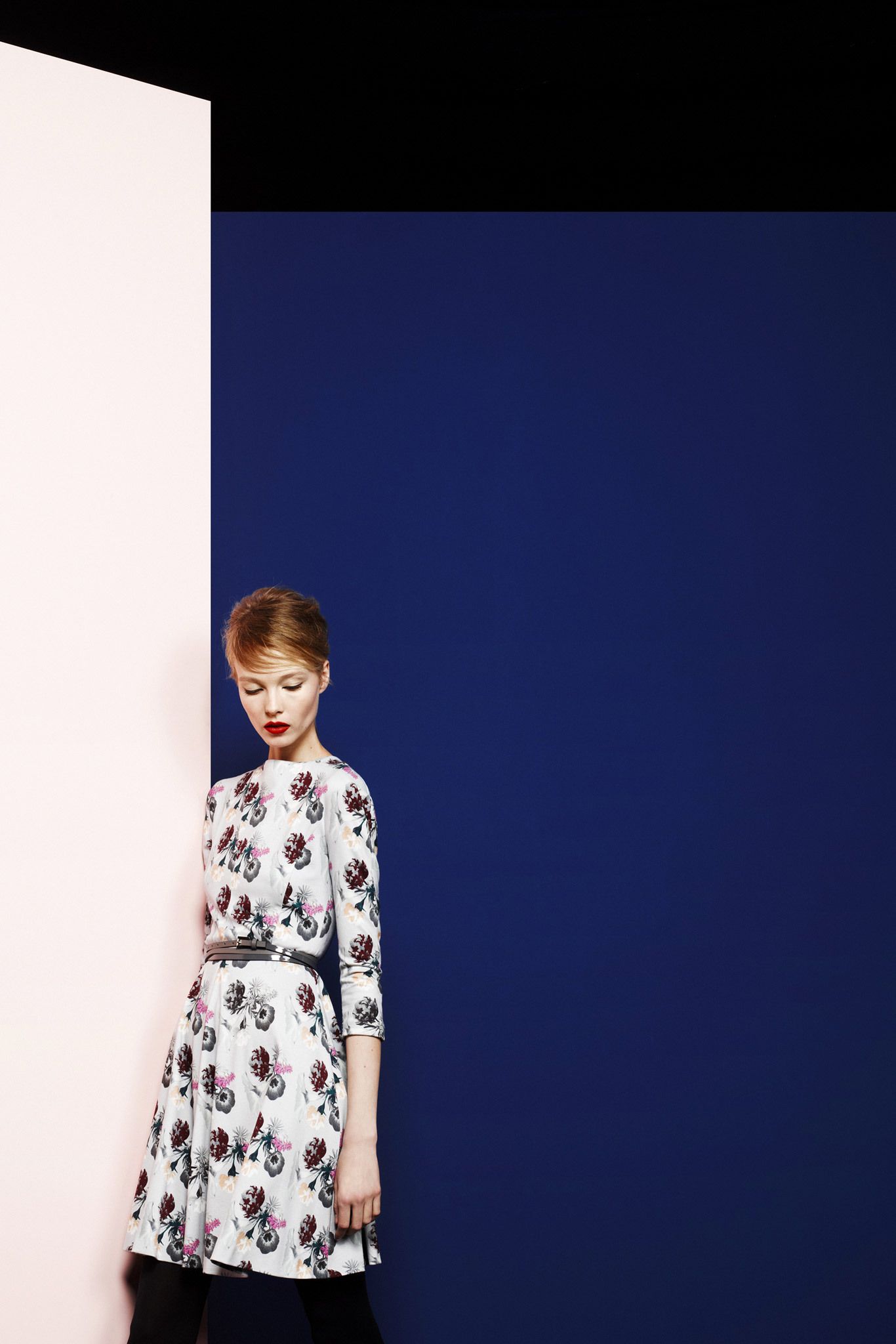 floral belted long-sleeve dress