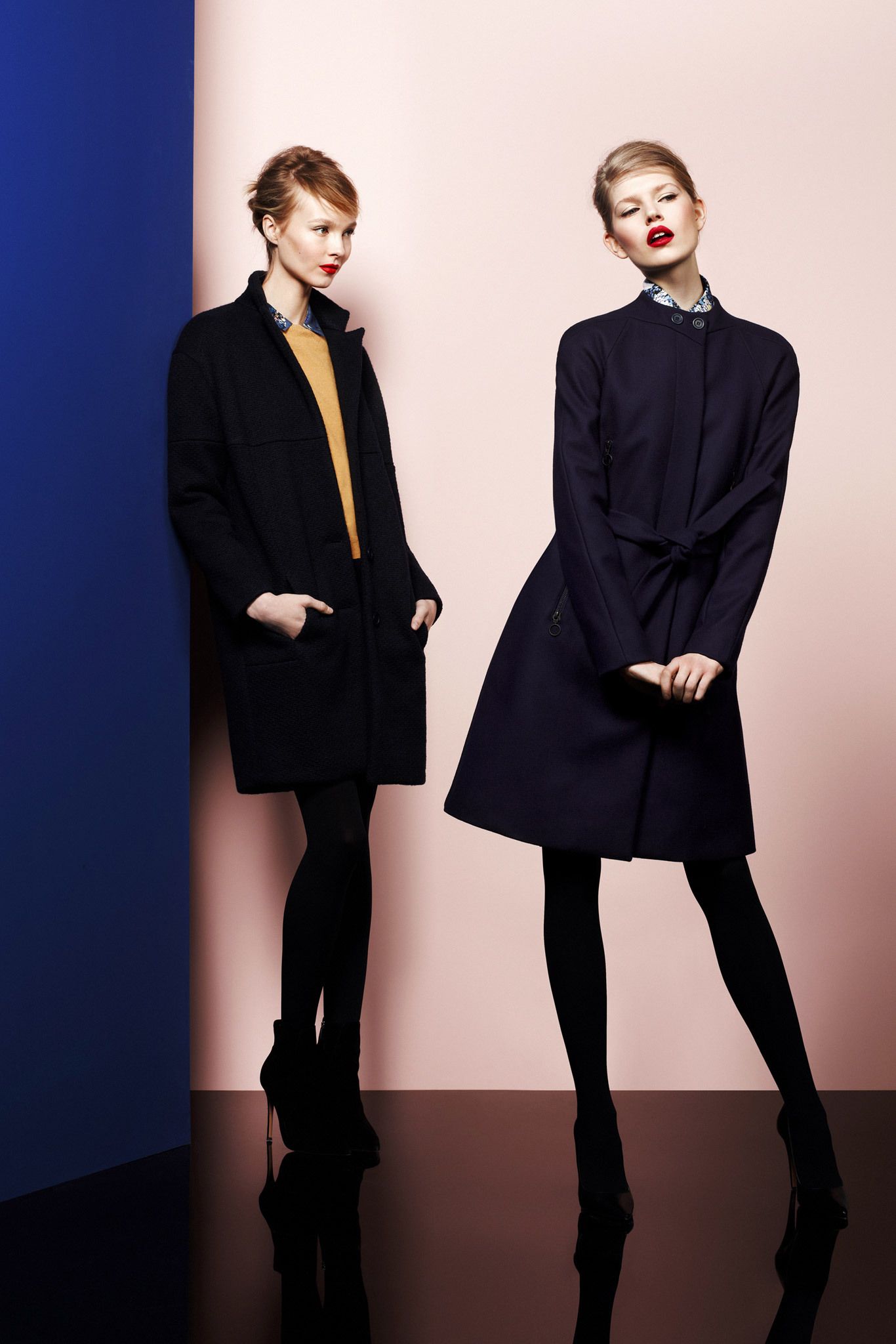 navy fit-and-flare belted coat