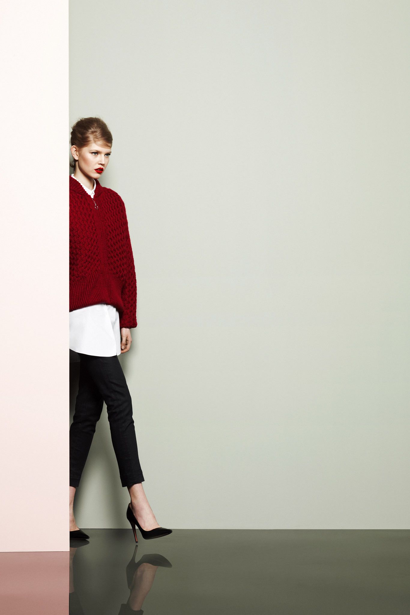chunky red zip-front sweater