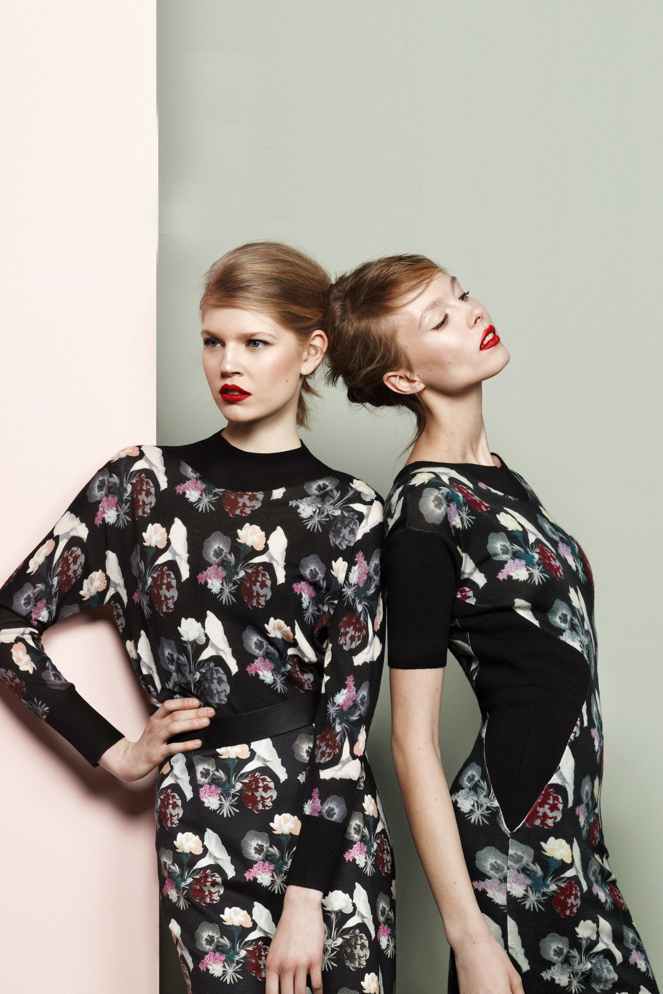 black knit long-sleeve high-neck fitted floral belted dress