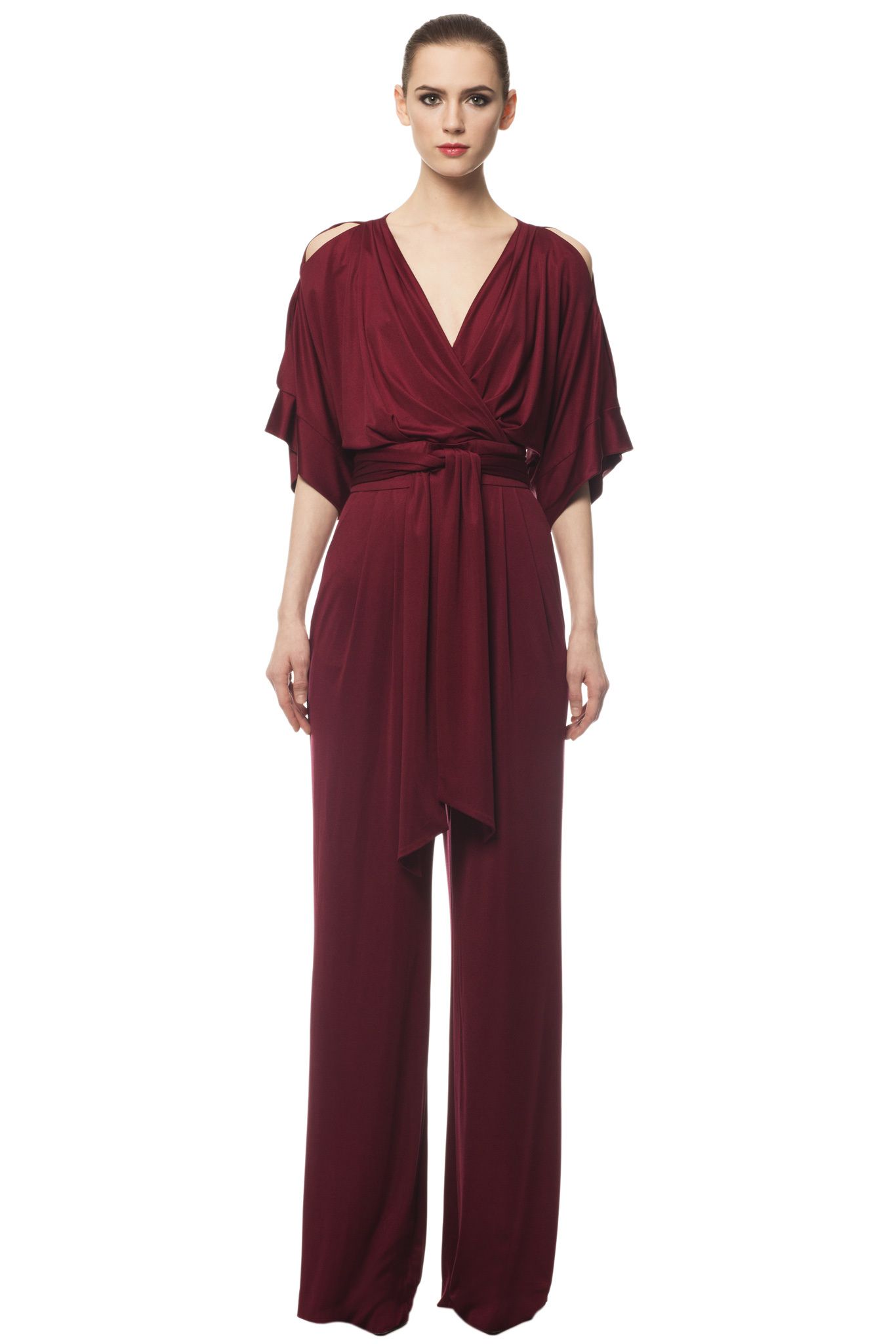 burgundy cold-shoulder wrap jumpsuit