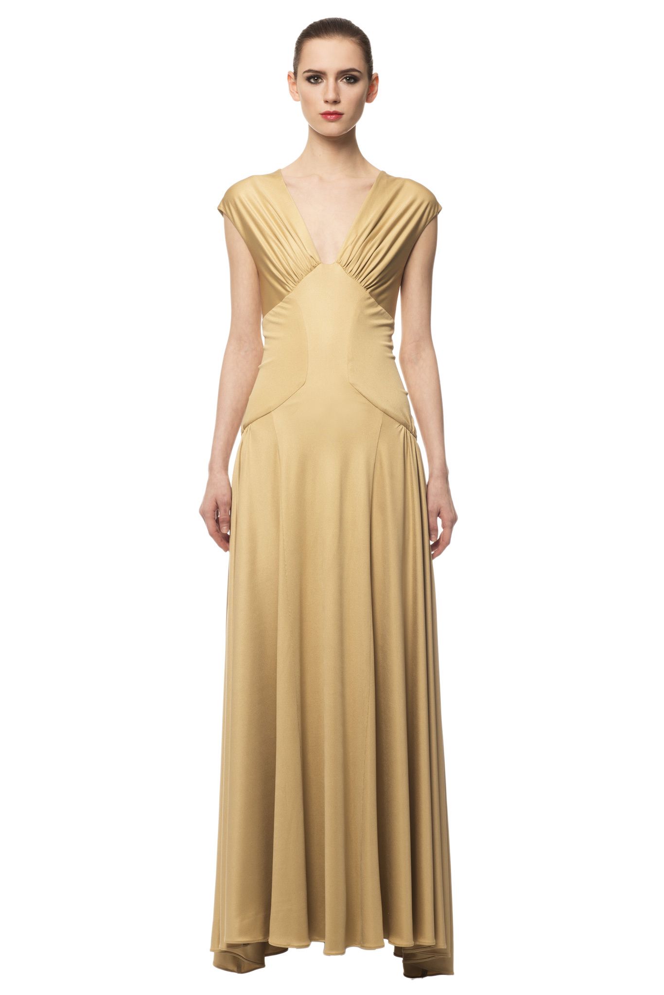 gold draped evening gown