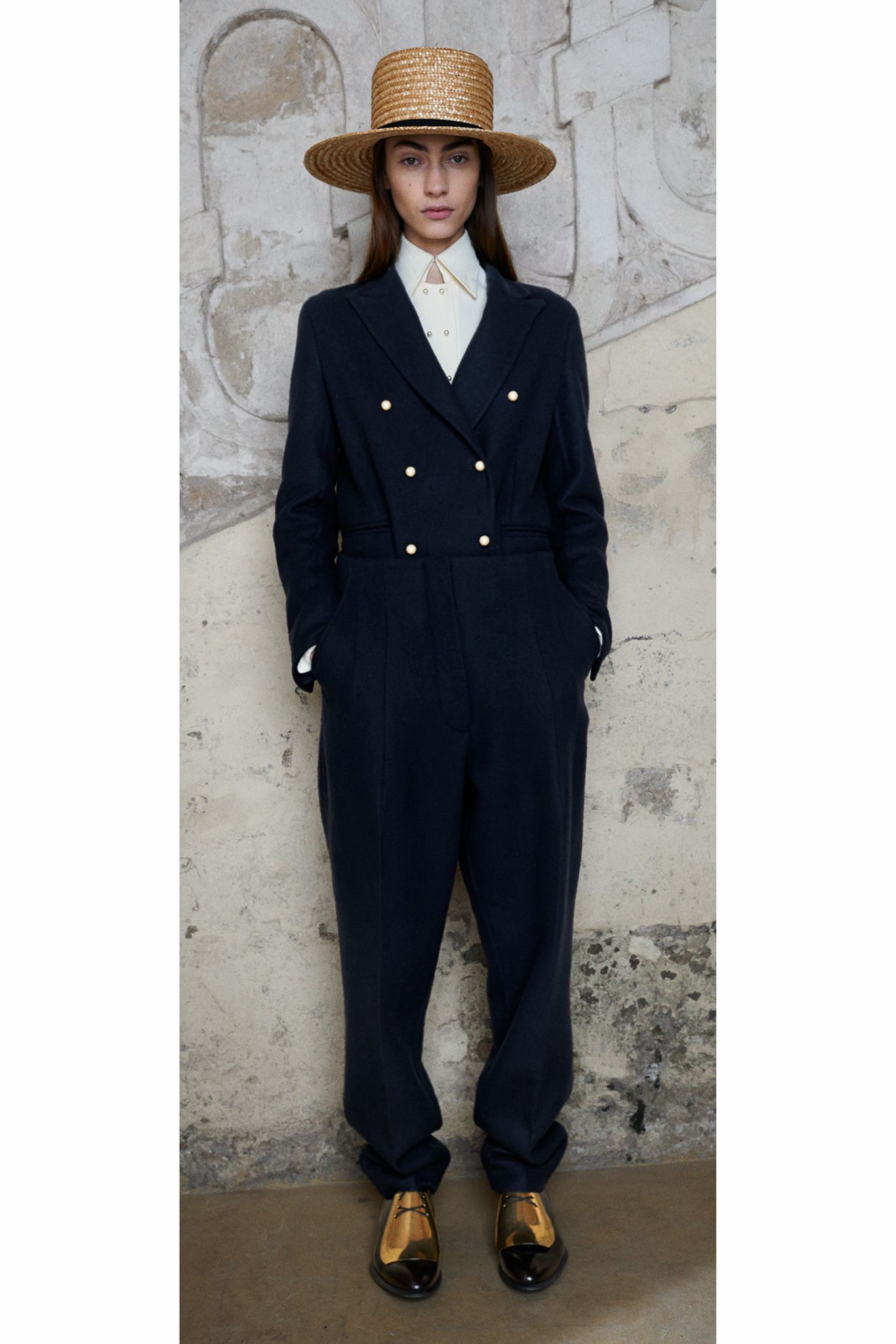 blue wool long-sleeve collared tailored buttoned straight-leg jumpsuit
