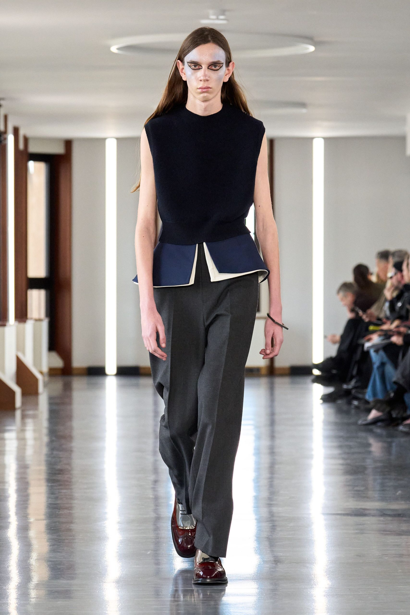 navy top gray pants burgundy shoes