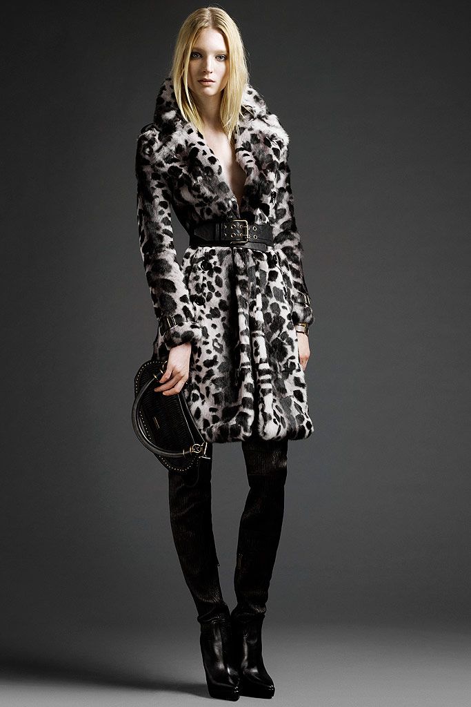 white fur long-sleeve collared tailored animal-print belted coat