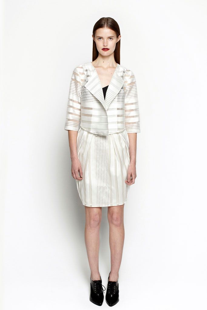 ivory unknown v-neck collared structured striped sheer jacket