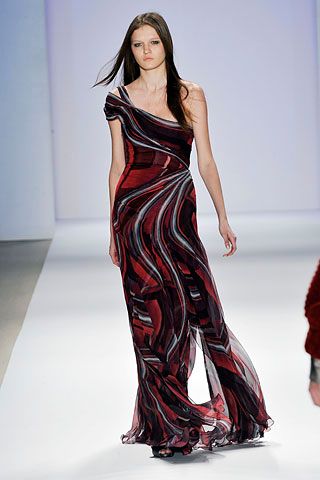 one-shoulder printed chiffon evening gown