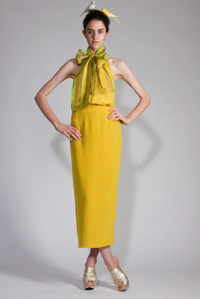 scarf-neck yellow halter maxi dress