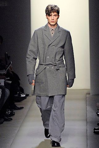 gray double-breasted belted coat