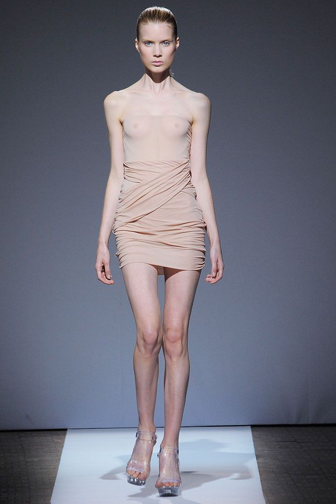 beige mesh strapless fitted ruched draped sheer mini-dress