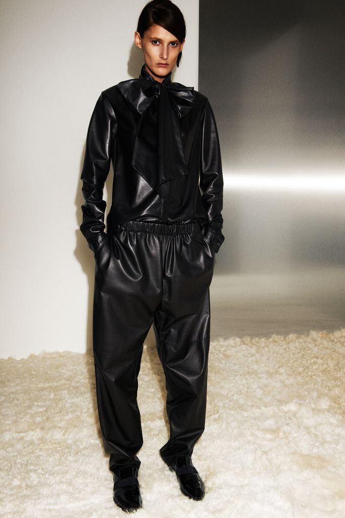 black leather long-sleeve high-neck bow shiny blouse