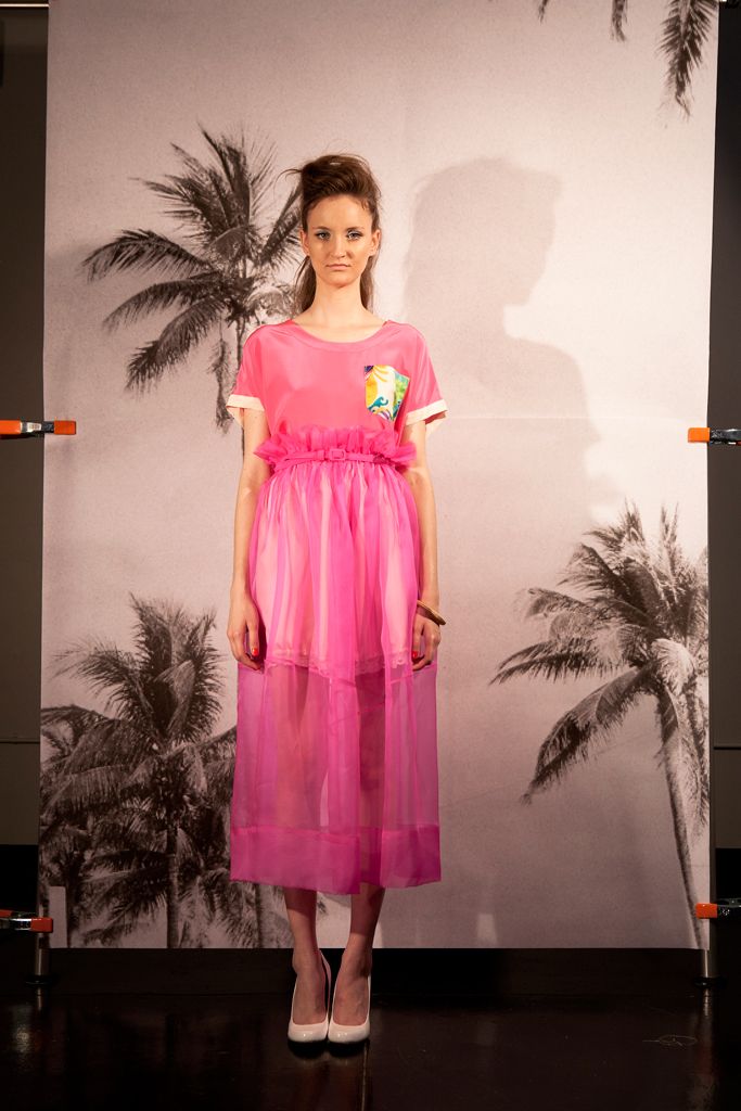 pink organza short-sleeve scoop-neck belted layered midi-dress