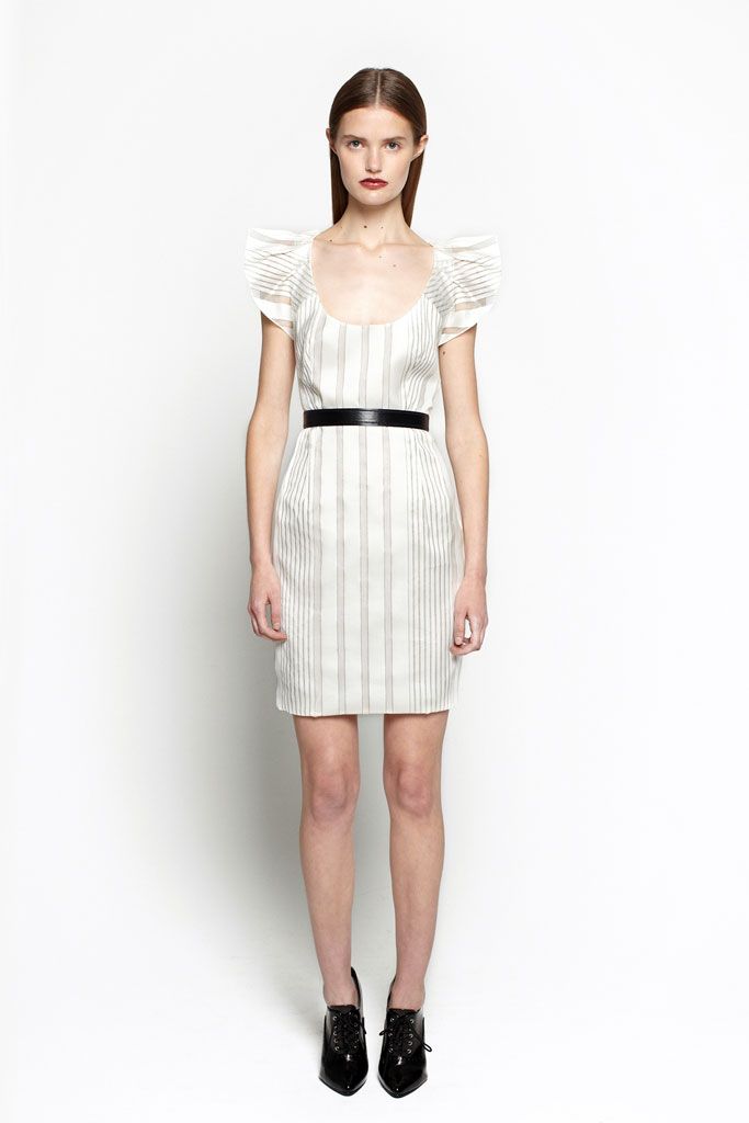 white unknown short-sleeve scoop-neck fitted striped belted mini-dress
