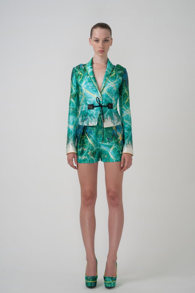 printed belted blazer and shorts set