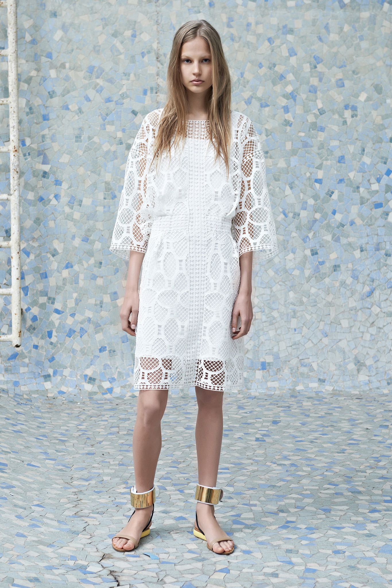 white lace long-sleeve boat-neck belted openwork midi-dress